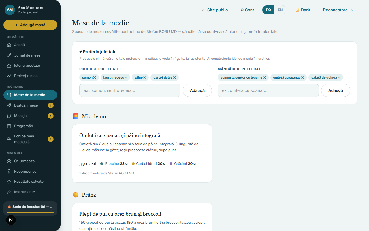Ecranul cu mesele recomandate de medic și panoul de favorite.