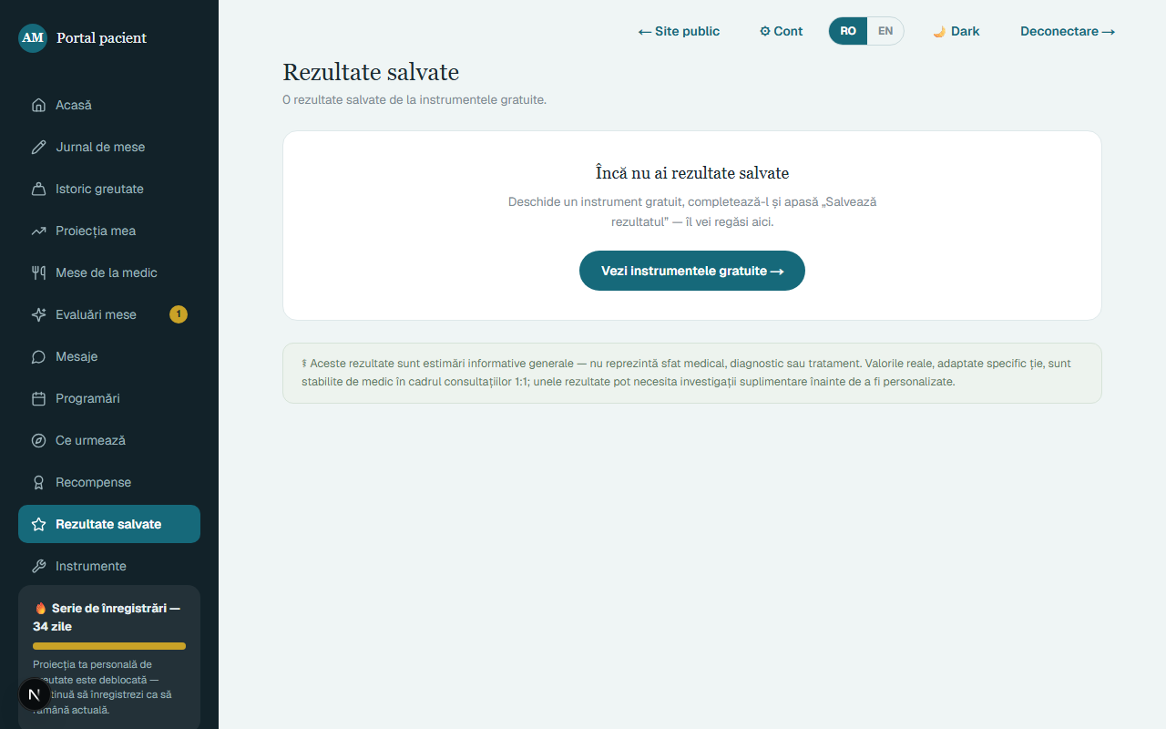 Ecranul cu rezultatele salvate ale instrumentelor.